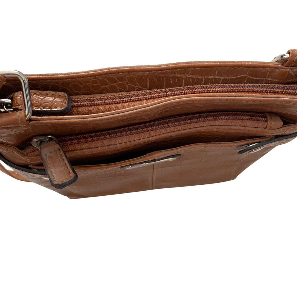 Rosetti Cognac Brown Crocodile Embossed Faux Leather Crossbody Bag Multi-Pocket